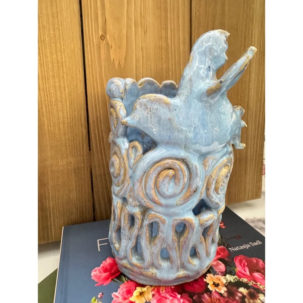 Studio Pottery Bird Vase Blue Gold Luster Handcrafted Ceramic Signed JT 9 Inch